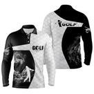 Polo manches longues golf unisexe noir silhouette golfeur swing flamme fumée tissu respirant