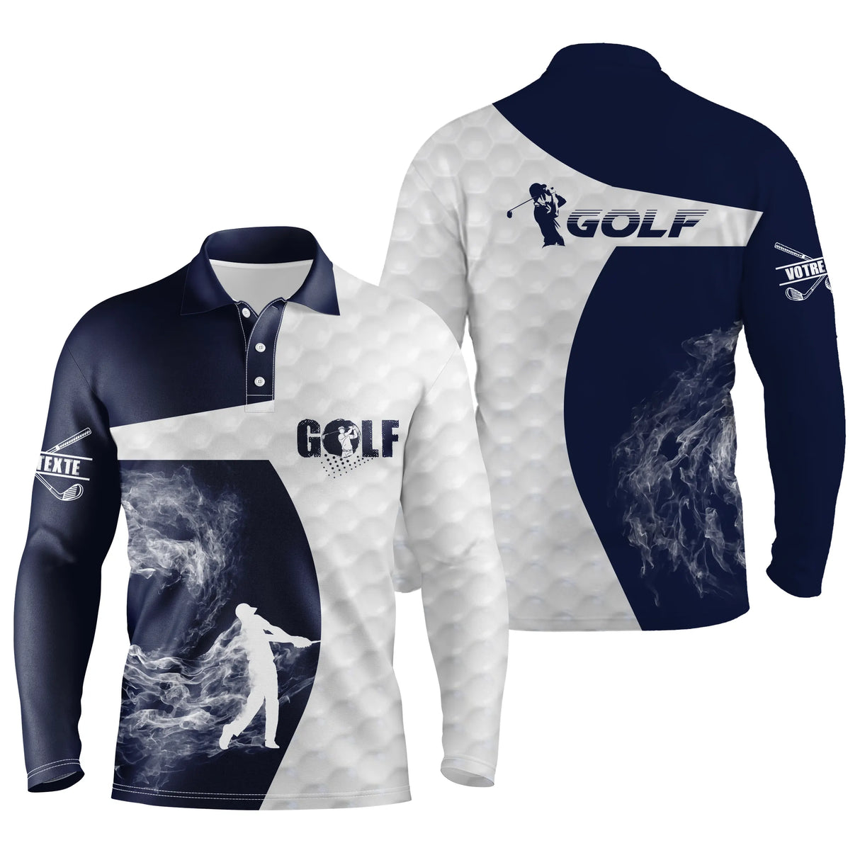 Polo manches longues golf unisexe bleu marine silhouette golfeur swing flamme fumée tissu respirant