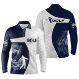 Polo manches longues golf unisexe bleu marine silhouette golfeur swing flamme fumée tissu respirant