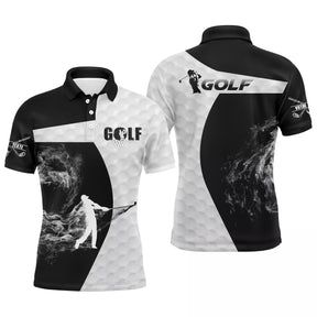 Polo golf homme noir profond silhouette golfeur swing entourée flamme fumée blanche typographie GOLF coupe ajustée