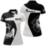 Polo golf femme noir silhouette golfeur swing flamme fumée blanche coupe cintrée tissu respirant