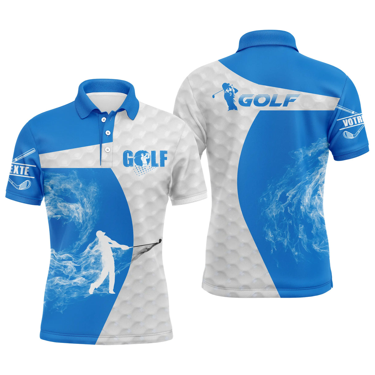 Polo golf homme bleu royal silhouette golfeur swing flamme fumée blanche typographie GOLF séchage rapide