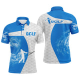 Polo golf homme bleu royal silhouette golfeur swing flamme fumée blanche typographie GOLF séchage rapide