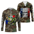 Maillot UV manches longues pêche bar all-over camouflage forêt motif bar drapeau tricolore prénom personnalisé