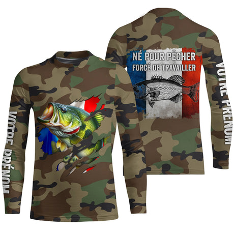 Pêche du Bar, Cadeau Original Pêcheur, Camouflage, Drapeau de la France, Cadeau Personnalisé, Né Pour Pêcher Forcé de Travailler - CTS25042232 Anti UV T-shirt Manches Longues Enfant