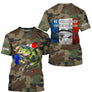 T-shirt UV pêche bar all-over camouflage forêt motif bar argenté drapeau France Né pour pêcher prénom personnalisé