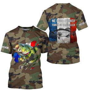 T-shirt UV pêche bar all-over camouflage forêt motif bar argenté drapeau France Né pour pêcher prénom personnalisé
