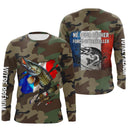 Maillot UV manches longues pêche brochet all-over camouflage forêt motif brochet drapeau tricolore prénom personnalisé