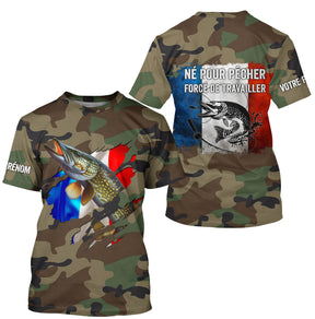 T-shirt UV pêche brochet all-over camouflage forêt motif brochet drapeau France Né pour pêcher prénom personnalisé