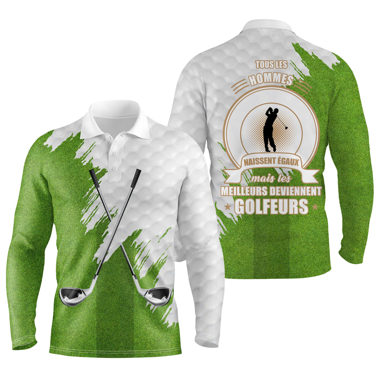 Polo manches longues golf unisexe blanc éclats vert clubs croisés médaillon golfeur slogan tissu respirant
