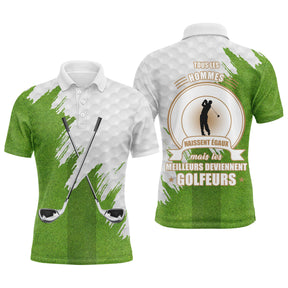 Polo golf homme blanc texture balle de golf éclats vert prairie clubs croisés médaillon golfeur slogan meilleurs golfeurs
