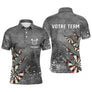 Polo fléchettes gris homme avec design éclaté et détails dartboard Darts Team, prénom et équipe personnalisés