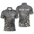 Polo fléchettes gris homme avec design éclaté et détails dartboard Darts Team, prénom et équipe personnalisés