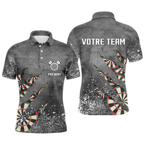 Polo fléchettes gris homme avec design éclaté et détails dartboard Darts Team, prénom et équipe personnalisés