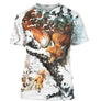 T-shirt chasse renard roux neige hiver avec renard à l'affût dans paysage enneigé et silhouettes en sous-bois
