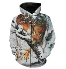 Sweater chasse renard roux all-over scène hivernale, motif renard et neige pour passionné observation
