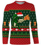 Sweater Noël pêcheur poisson jacquard vert rouge, coupe unisexe humour halieutique pour famille