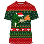 Pull Noël vert rouge avec poisson sautant coiffé bonnet Père Noël et hameçons jacquard, motifs sapins