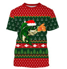 Pull Noël vert rouge avec poisson sautant coiffé bonnet Père Noël et hameçons jacquard, motifs sapins