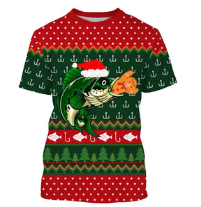 Pull Noël vert rouge avec poisson sautant coiffé bonnet Père Noël et hameçons jacquard, motifs sapins