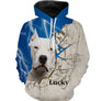 Hoodie Dogue Argentin all-over fond bleu motif Dogo Argentino blanc éclairs photo prénom personnalisés cynophile