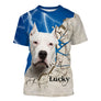 T-shirt manches longues Dogue Argentin all-over fond bleu motif Dogo Argentino blanc photo prénom personnalisés
