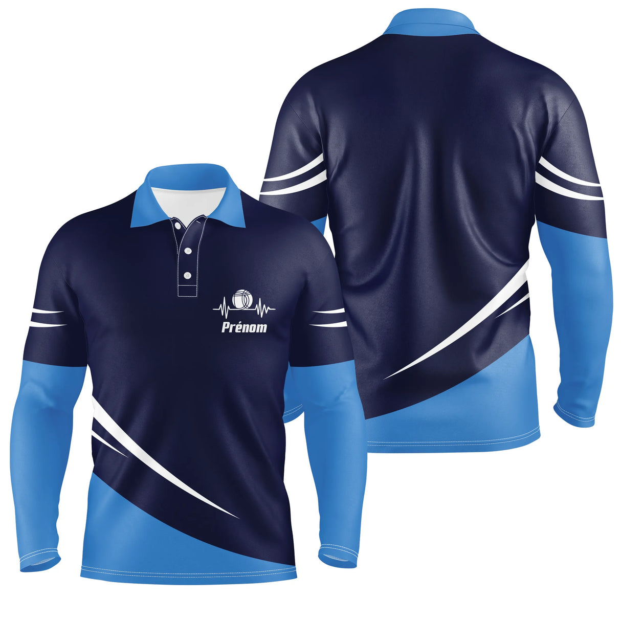Polo pétanque bleu marine variante avec rayures blanches et boule sur poitrine, prénom personnalisé