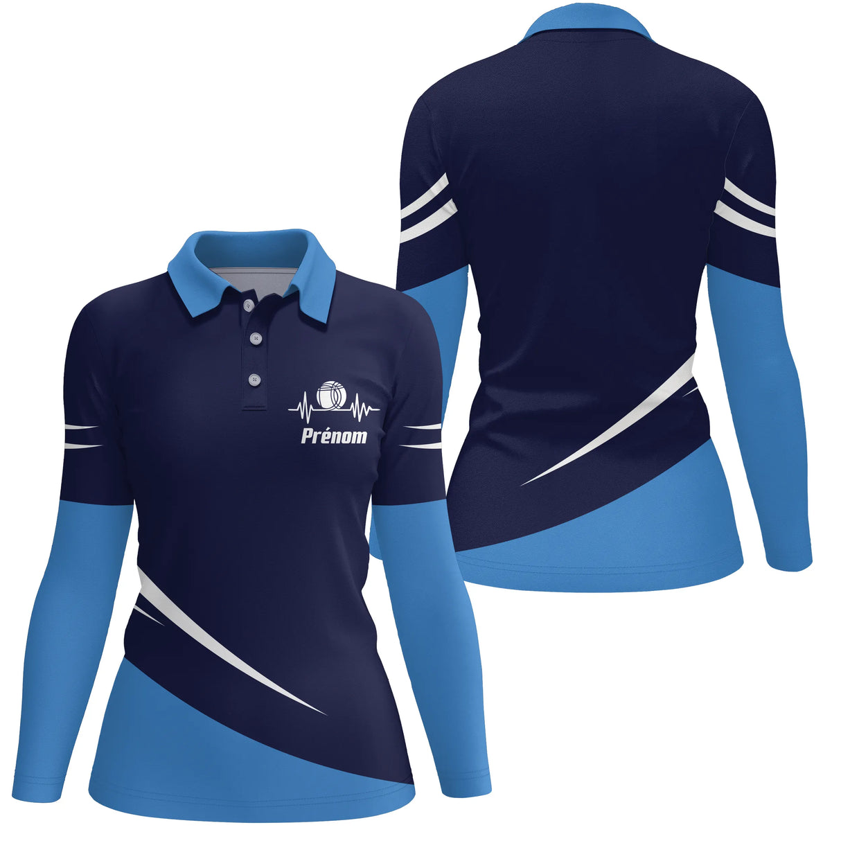 Polo pétanque bleu marine variante avec inscription PRÉNOM et battement cardiaque, prénom personnalisé