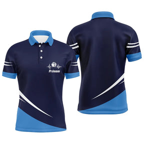Polo pétanque bleu marine homme avec battement de cœur et boule de pétanque, lignes blanches sportives, prénom personnalisé