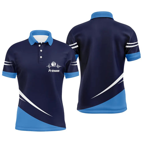 Polo pétanque bleu marine homme avec battement de cœur et boule de pétanque, lignes blanches sportives, prénom personnalisé