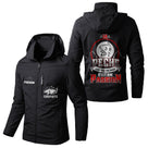 Veste pêche noire à capuche avec slogan La pêche pas une mode c'est une passion, brochet illustration, prénom personnalisé
