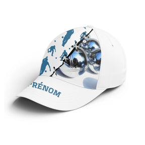 Casquette pétanque blanche tireur pointeur silhouettes bleues boules prénom côté broderie bouliste personnalisée