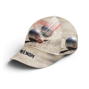 Casquette pétanque sable boule réaliste sol gravillonné prénom côté broderie bouliste personnalisée