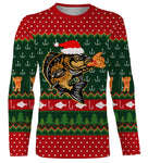 Sweater Noël pêcheur carpe jacquard vert rouge, coupe unisexe humour halieutique pour famille carpiste