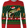 Sweater Noël pêcheur brochet jacquard vert rouge, coupe unisexe humour halieutique pour famille