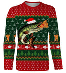 Sweater Noël pêcheur brochet jacquard vert rouge, coupe unisexe humour halieutique pour famille