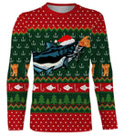 Sweater Noël pêcheur silure jacquard vert rouge, coupe unisexe humour halieutique pour famille