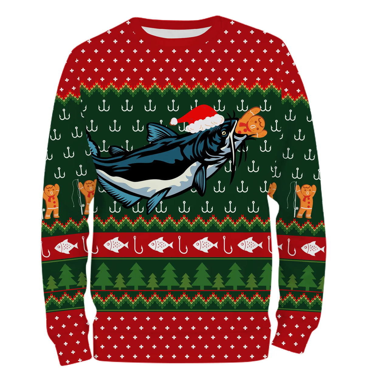 Sweat à capuche Noël silure bonnet Père Noël, design ugly christmas sweater pour pêcheur clonk