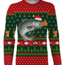 Sweater Noël pêcheur bar jacquard vert rouge, coupe unisexe humour halieutique pour famille