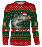 Sweater Noël pêcheur bar jacquard vert rouge, coupe unisexe humour halieutique pour famille