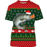 Pull Noël vert rouge avec bar loup de mer coiffé bonnet Père Noël et hameçons jacquard, motifs sapins