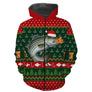 T-shirt Noël pêcheur bar bonnet vert, design all-over festif pour amateur surfcasting