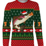 Sweater Noël pêcheur truite jacquard vert rouge, coupe unisexe humour halieutique pour famille