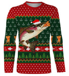 Sweater Noël pêcheur truite jacquard vert rouge, coupe unisexe humour halieutique pour famille