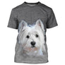 T-shirt chien Westie gris avec portrait photoréaliste de West Highland Terrier blanc, all-over 3D