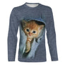 T-shirt chat bleu jean chaton roux unisexe, design photoréaliste mignon quotidien original