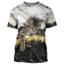 T-shirt chat 3D marbre blanc noir avec chaton tigré et veines dorées rétro, all-over photoréaliste vintage