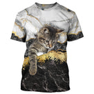 T-shirt chat 3D marbre blanc noir avec chaton tigré et veines dorées rétro, all-over photoréaliste vintage