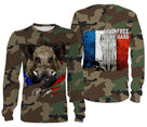T-shirt manches longues chasse sanglier all-over camouflage militaire motif sanglier drapeau tricolore patriote