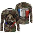 Hoodie chasse sanglier all-over camouflage militaire vert brun motif sanglier drapeau bleu blanc rouge chasseur